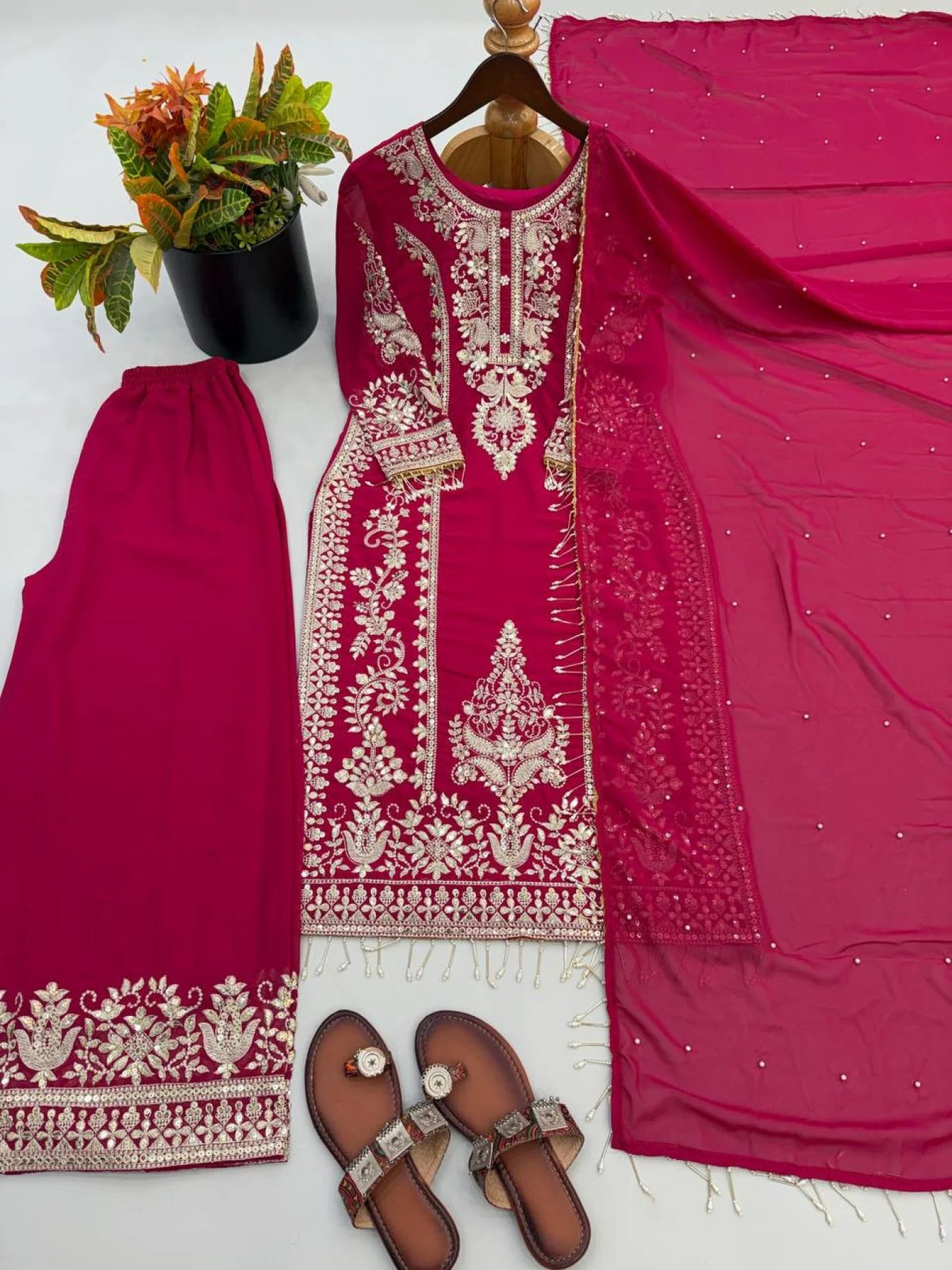 Ethnic Rani Pink Georgette Long Kurti With Embroidery Work For Wholesale Rate