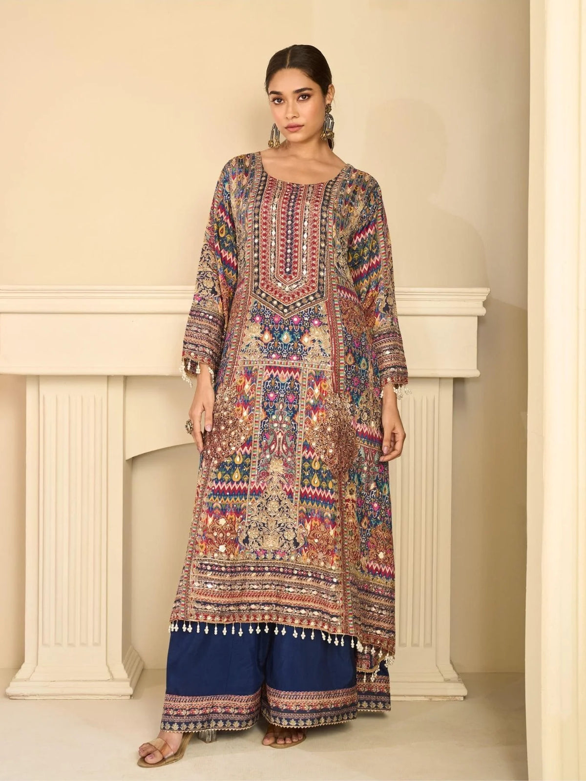 Graceful Blue Women's Natural Crepe Silk Kurti Palazzo Set With Gota Patti Work