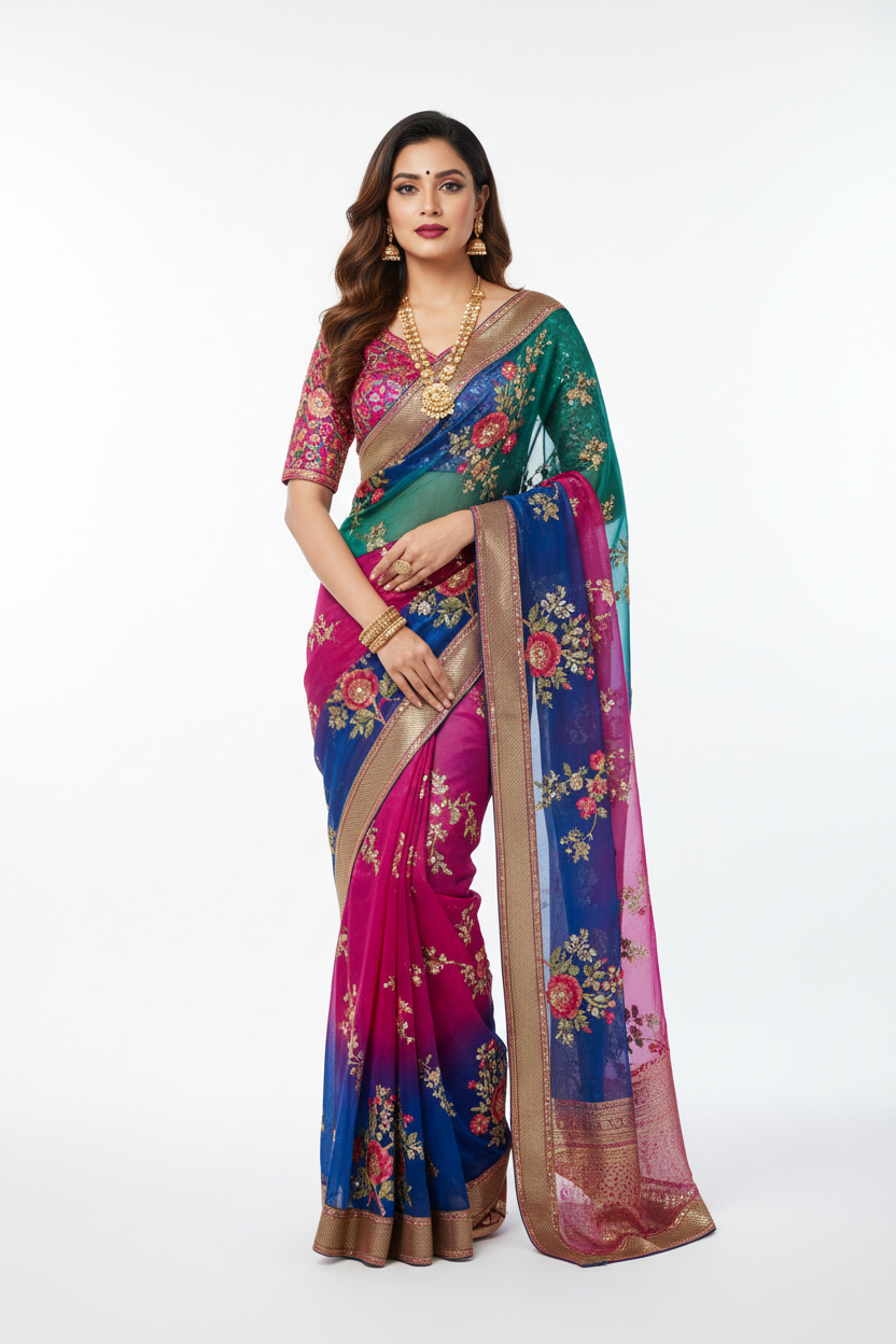 Indian woman wearing Premium Organza Silk Saree - Trending Ethnic Wear
