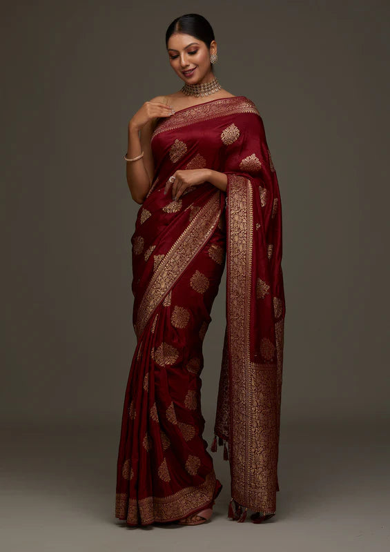 Maroon Art Silk Buti Stonework Saree With Matching Blouse Piece