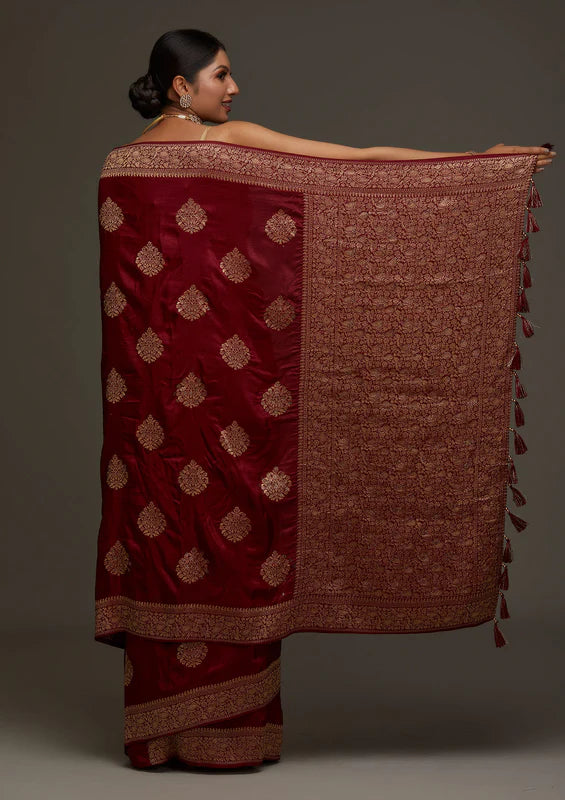 Maroon Art Silk Buti Stonework Saree With Matching Blouse Piece