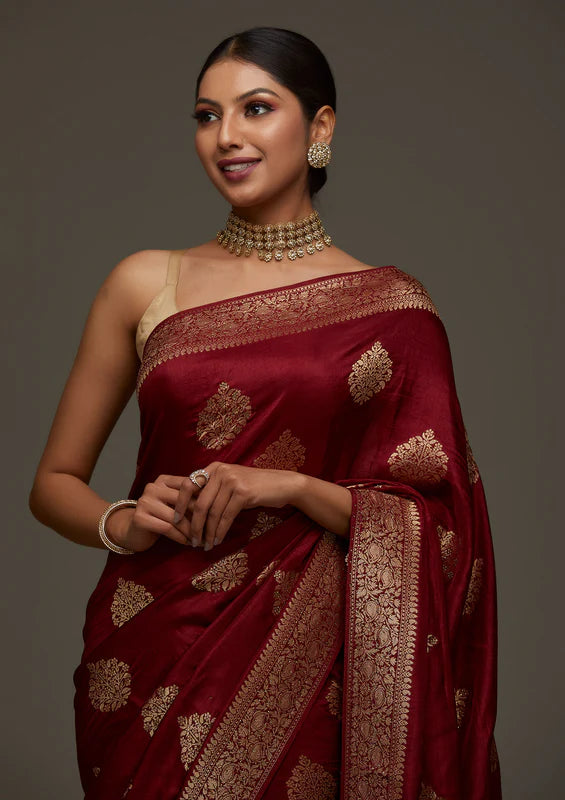 Maroon Art Silk Buti Stonework Saree With Matching Blouse Piece