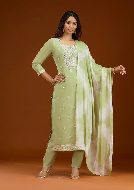 Pista Green Crepe Threadwork Straight Kurta With Pant Regular And Dupatta