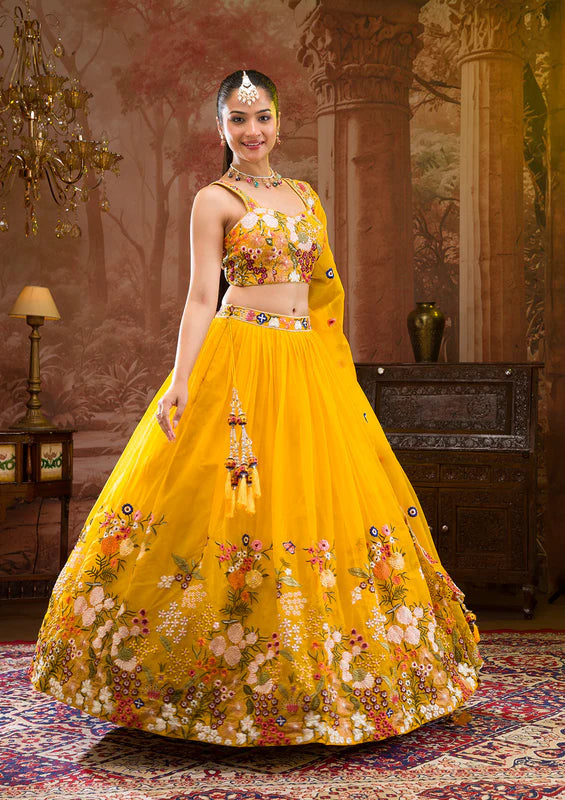 Yellow Threadwork Tissue Readymade Lehenga