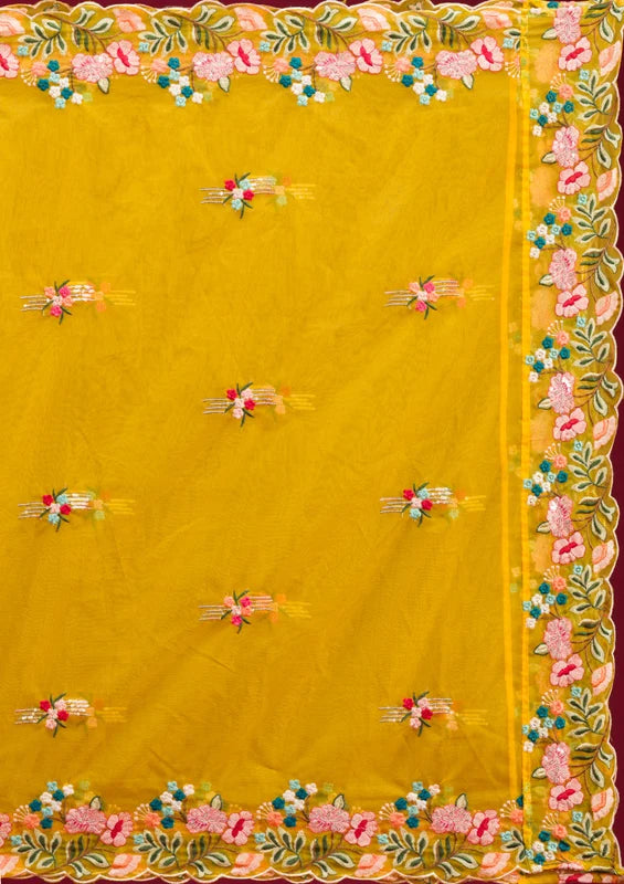 Yellow Threadwork Tissue Readymade Lehenga