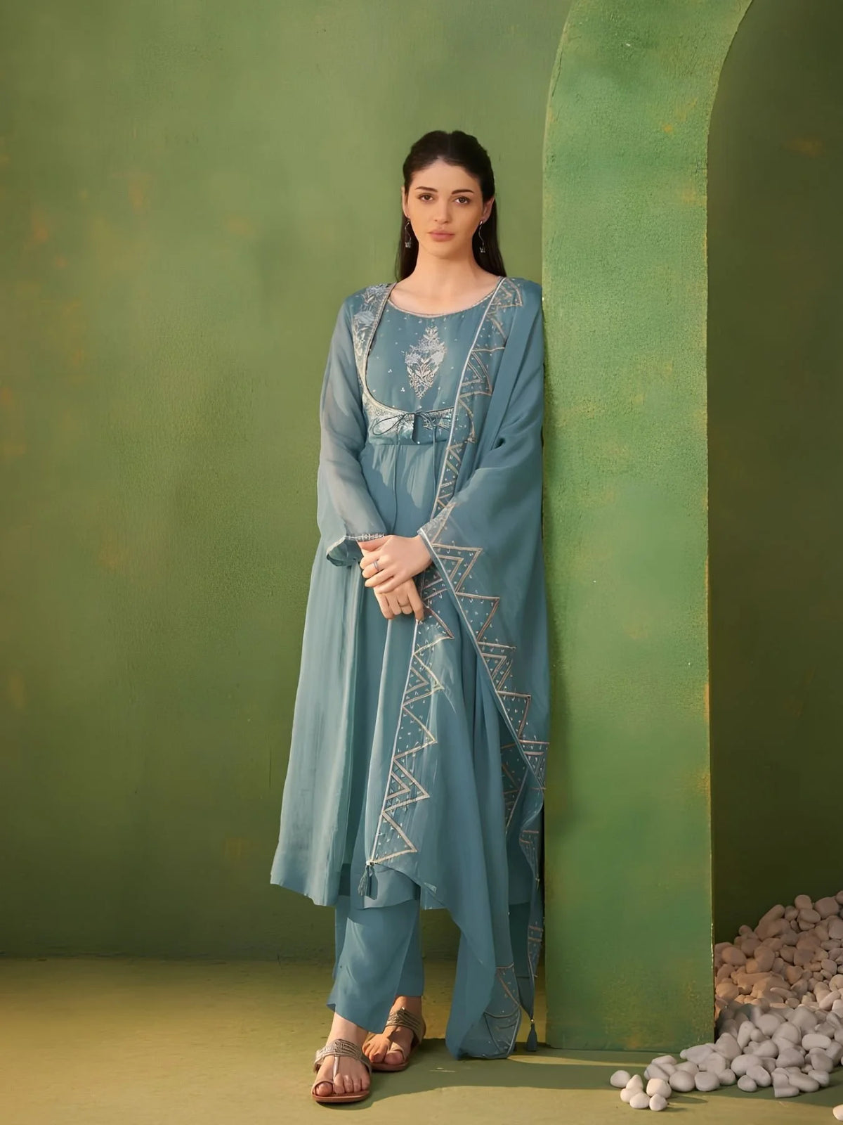 Minimalist Teal Women's Pure Organza Ethnic Wear Round Kurti With Matching Pant Set