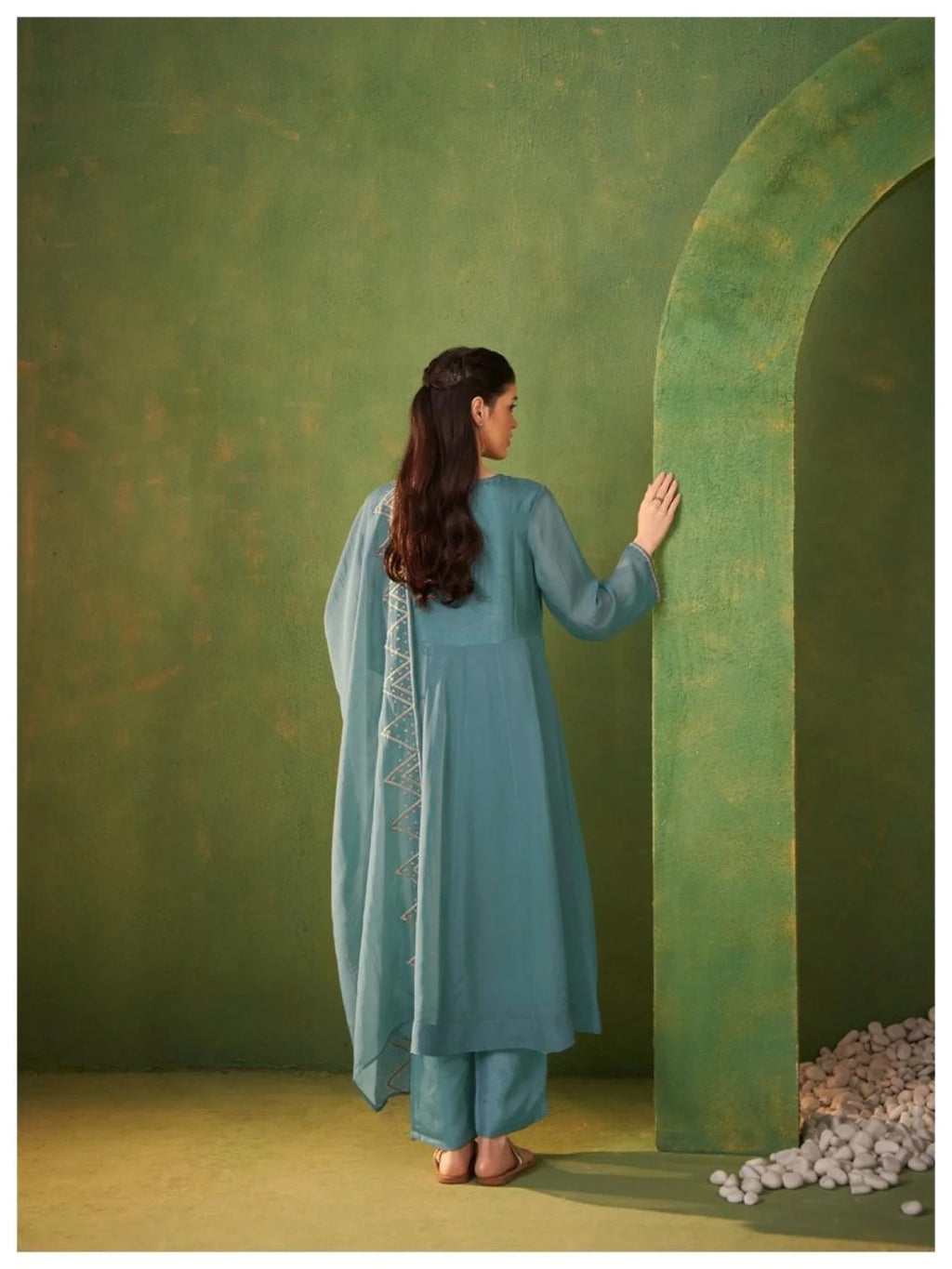 Minimalist Teal Women's Pure Organza Ethnic Wear Round Kurti With Matching Pant Set