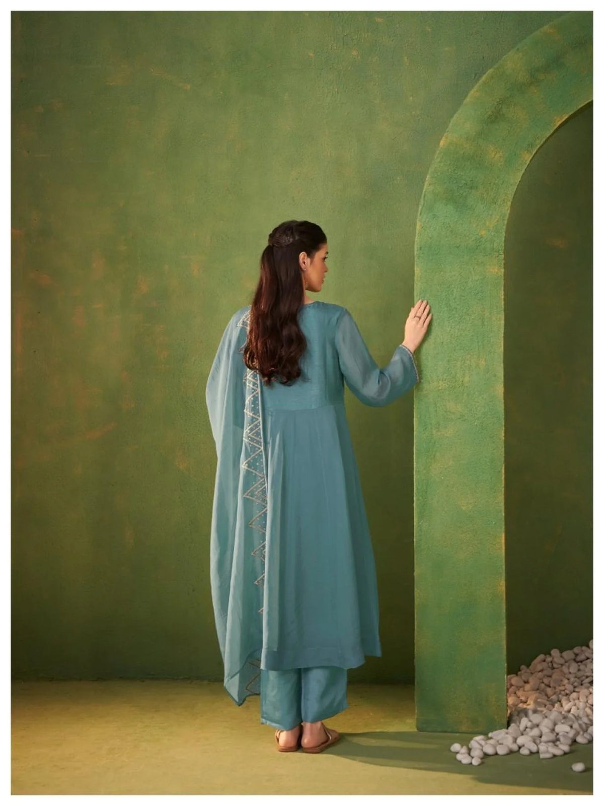 Minimalist Teal Women's Pure Organza Ethnic Wear Round Kurti With Matching Pant Set