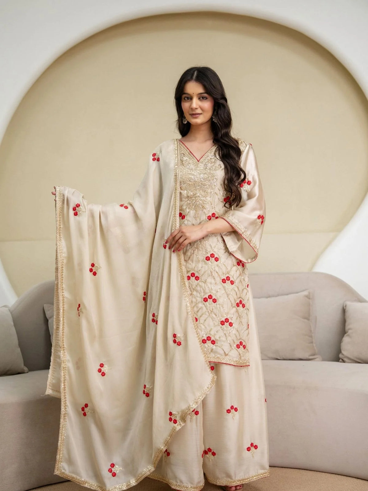 Perfect Cream Chiffon Satin Embroidered Suit Set With Dupatta At Factory Price Kurti Set