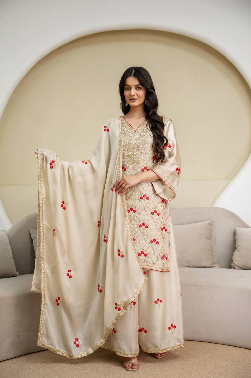 Perfect Cream Chiffon Satin Embroidered Suit Set With Dupatta At Factory Price Kurti Set
