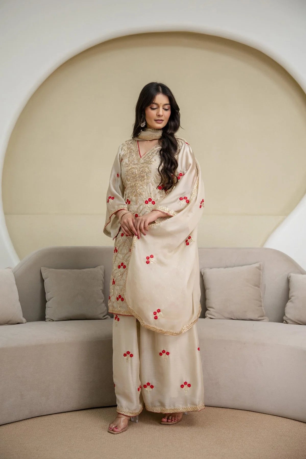 Perfect Cream Chiffon Satin Embroidered Suit Set With Dupatta At Factory Price Kurti Set