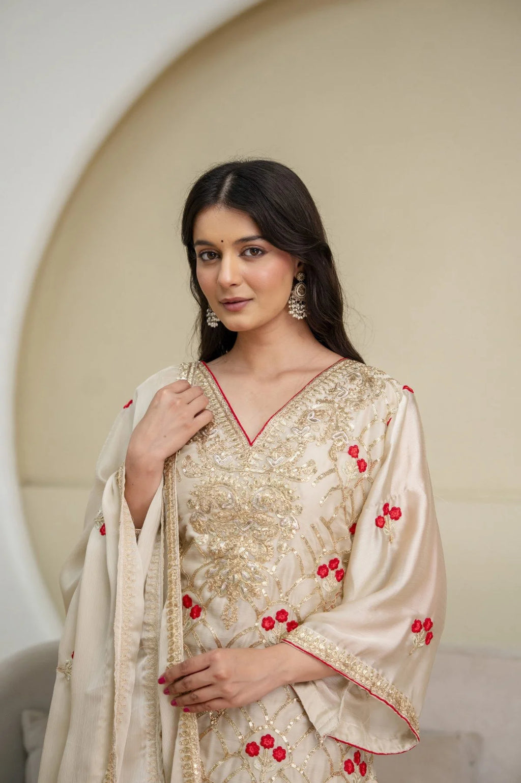 Perfect Cream Chiffon Satin Embroidered Suit Set With Dupatta At Factory Price Kurti Set