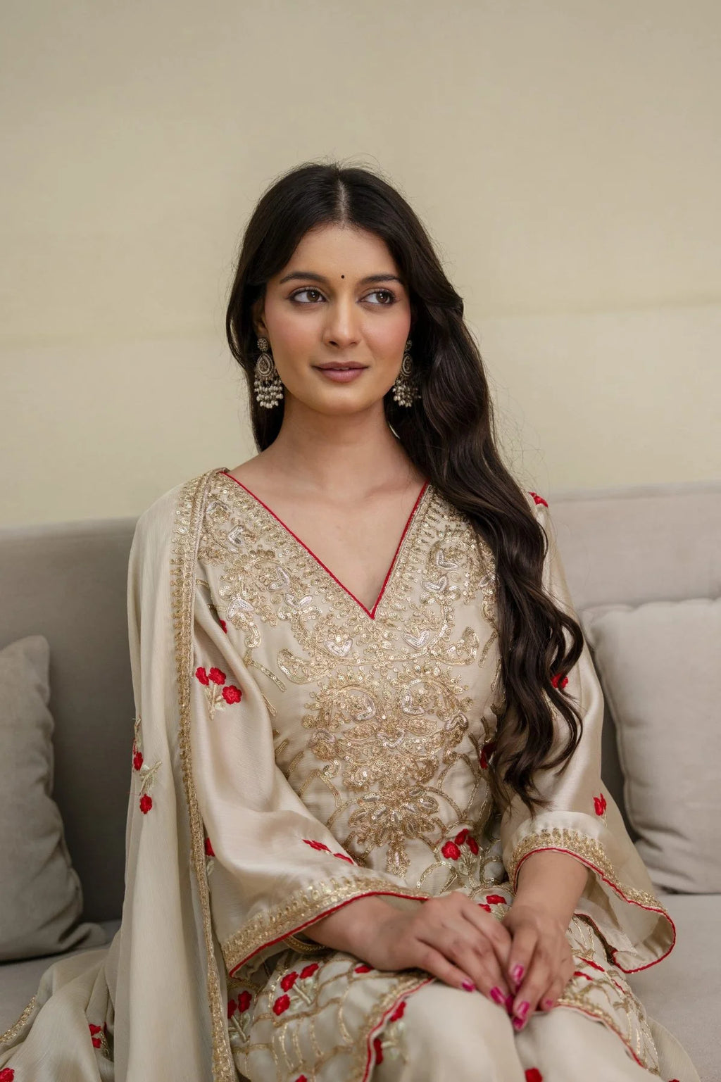 Perfect Cream Chiffon Satin Embroidered Suit Set With Dupatta At Factory Price Kurti Set