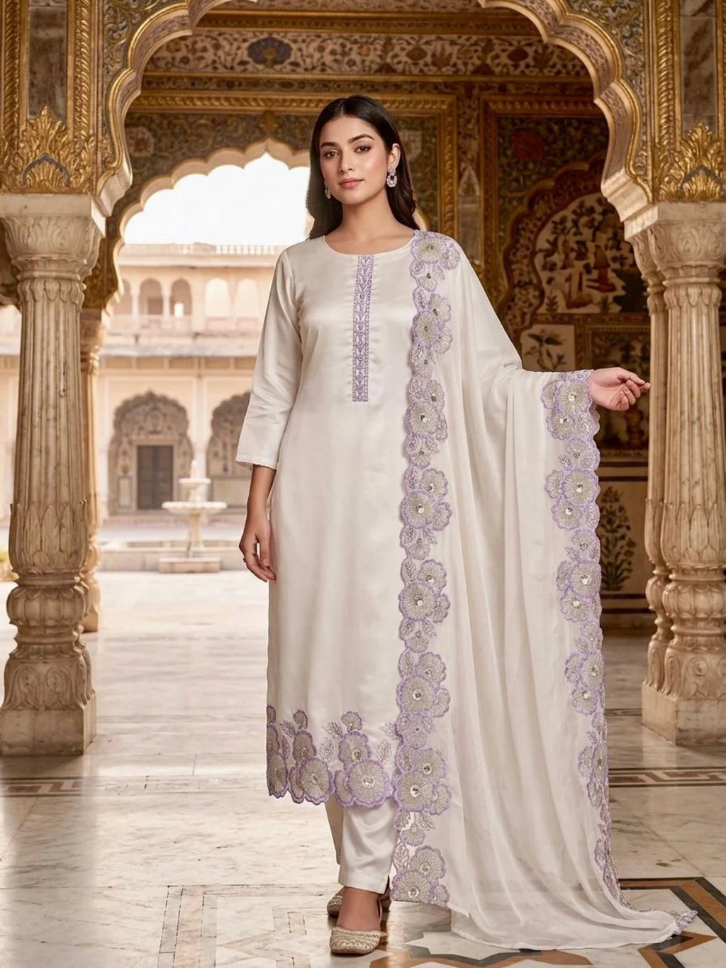 Upscale Purple Roman Glass Silk Kurti Pant Dupatta Set With Embroidery Sequins Work