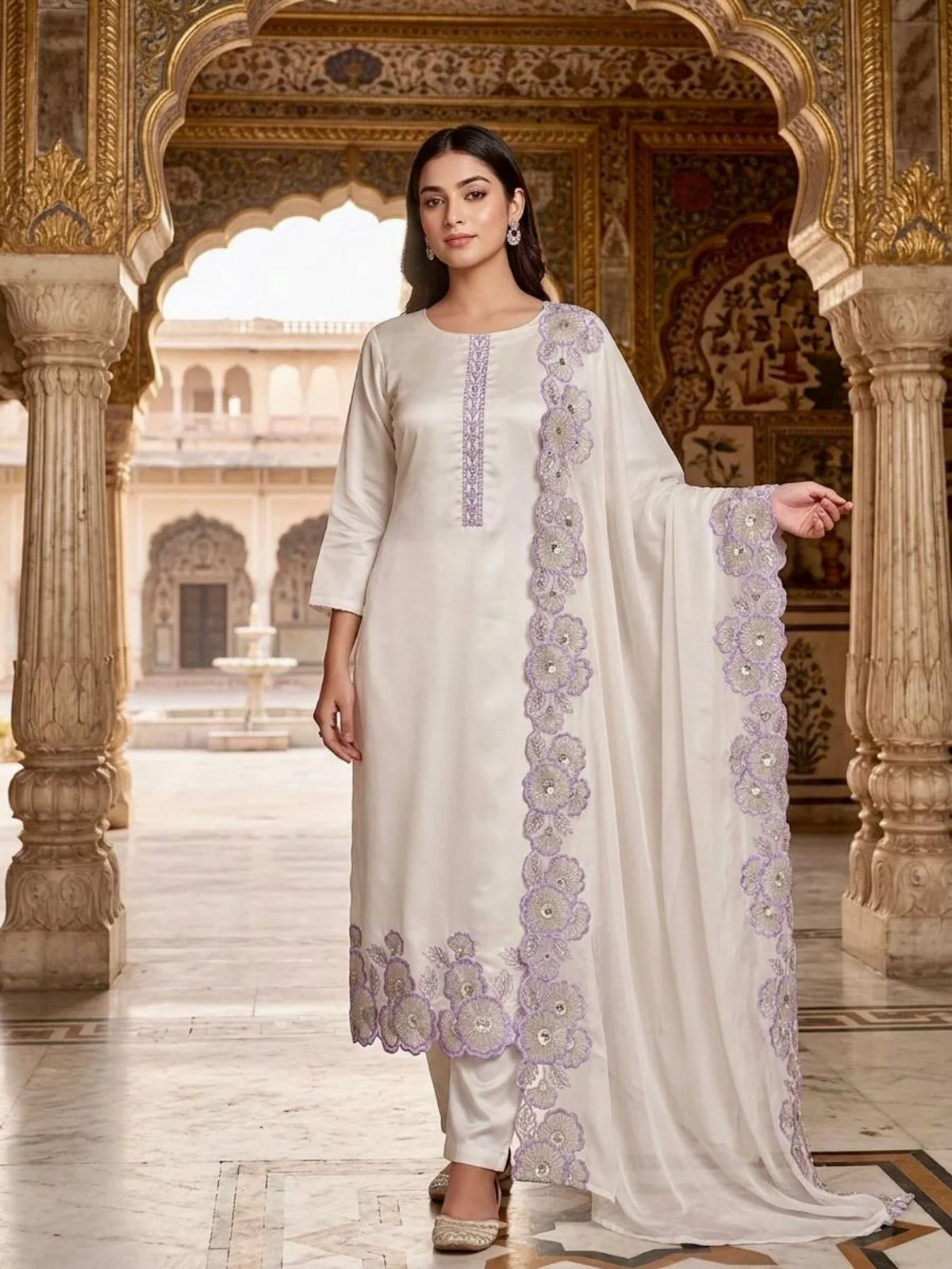 Upscale Purple Roman Glass Silk Kurti Pant Dupatta Set With Embroidery Sequins Work