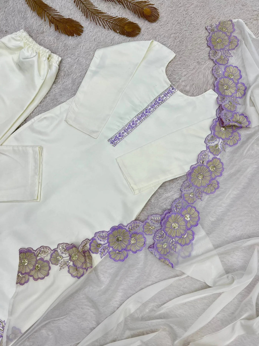 Upscale Purple Roman Glass Silk Kurti Pant Dupatta Set With Embroidery Sequins Work