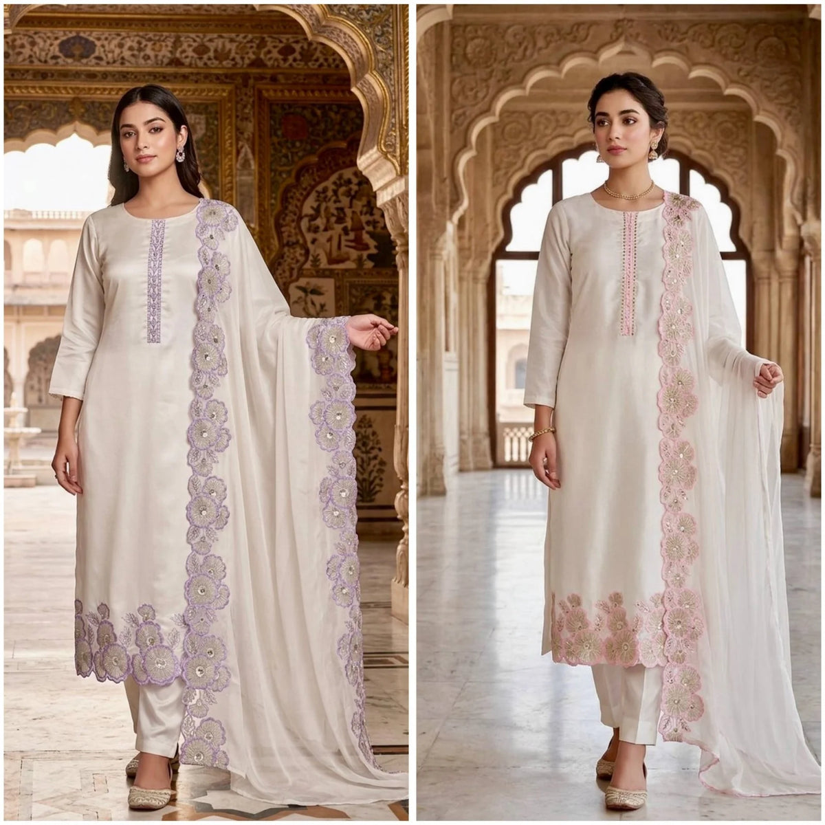 Upscale Purple Roman Glass Silk Kurti Pant Dupatta Set With Embroidery Sequins Work