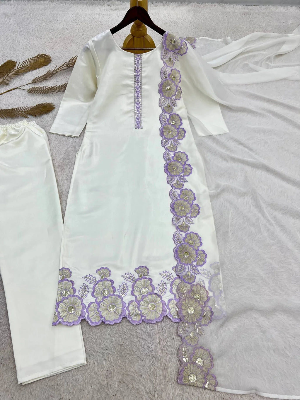 Upscale Purple Roman Glass Silk Kurti Pant Dupatta Set With Embroidery Sequins Work