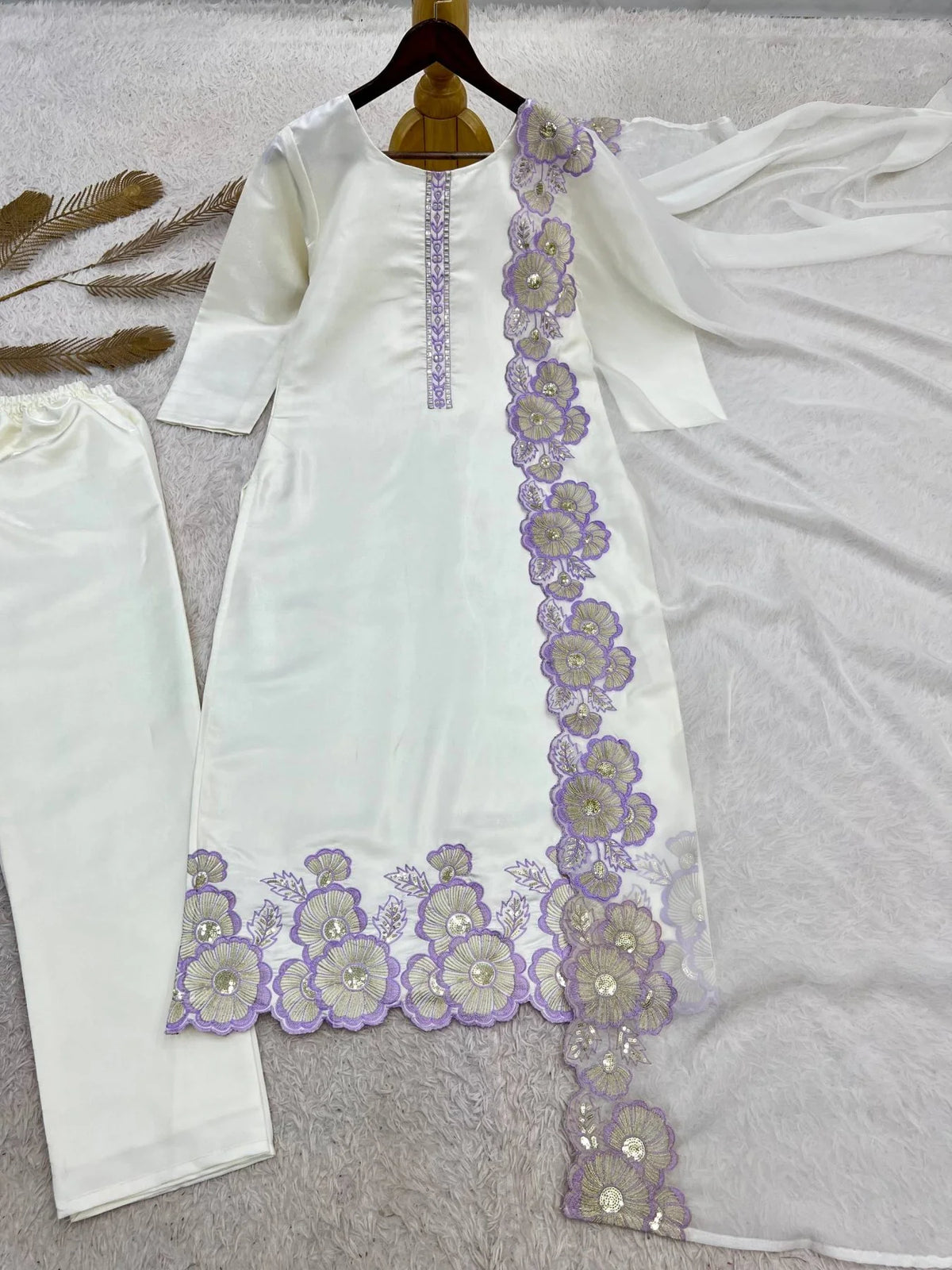 Upscale Purple Roman Glass Silk Kurti Pant Dupatta Set With Embroidery Sequins Work